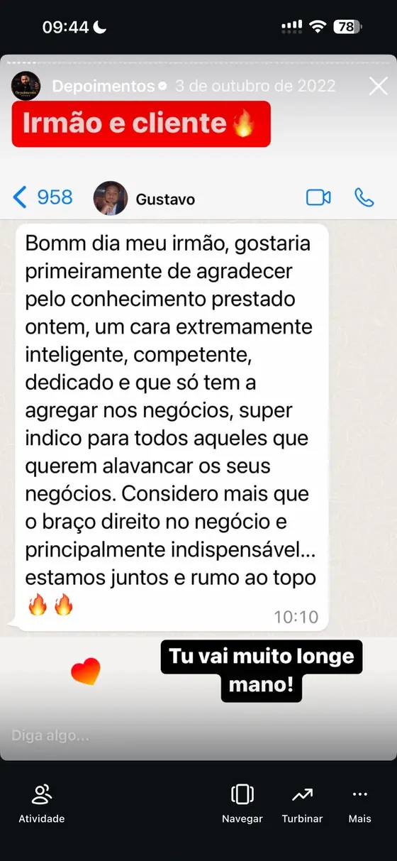 Depoimento: cliente agradecendo pelo conhecimento aplicado